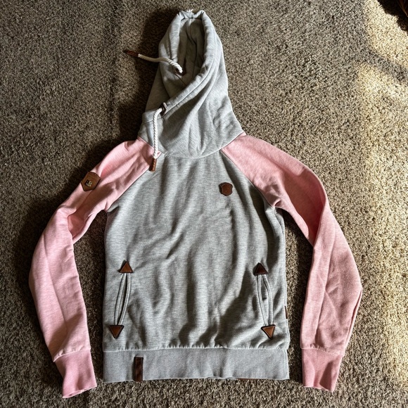 Naketano Tops - Naketano Women’s M Brave New World Hoodie Pink Grey‎ Cowl Neck
